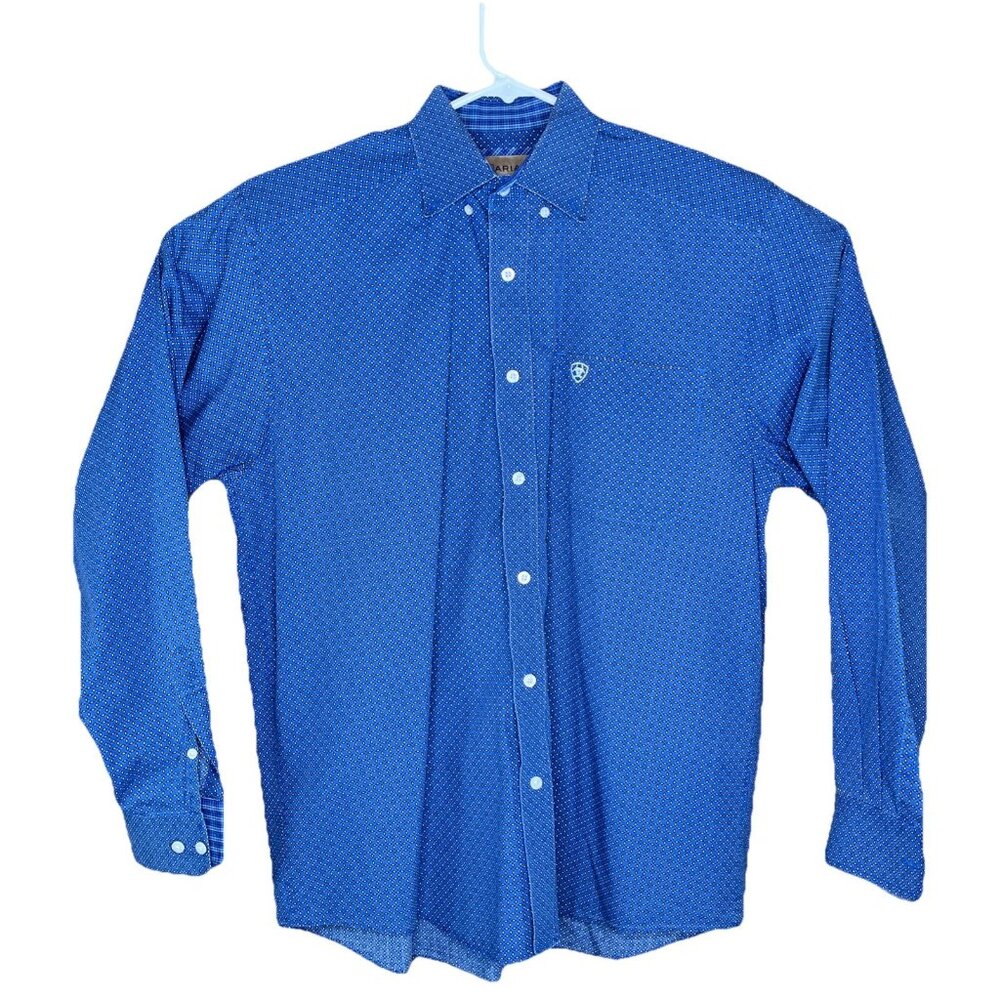 Ariat Button Down Blue Shirt Men's Medium Box Rose Pattern Long Sleeve Button Up
